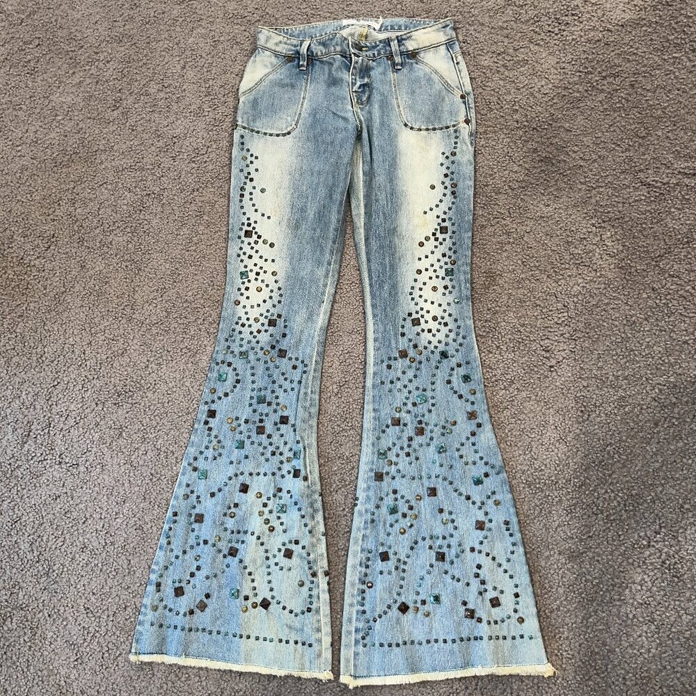 ARTISAN de LUXE Chelsea Turquoise Studded Low Rise Flare Bell Bottom Jean  24L